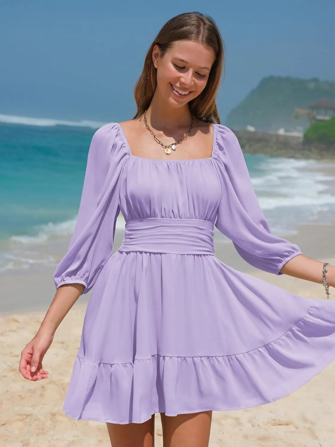 EXLURA Women's Lantern Sleeve Tie Back Summer Dress Ruffled Off Shoulder A-Line Vintage Mini Dress