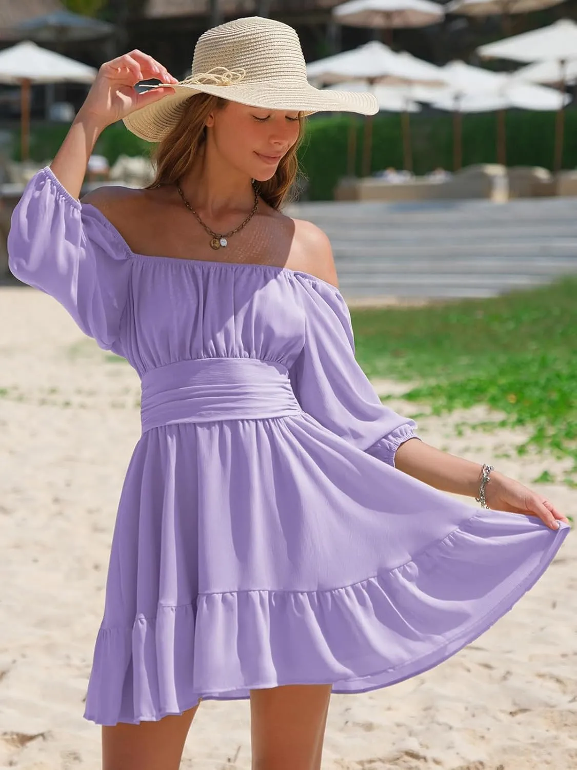 EXLURA Women's Lantern Sleeve Tie Back Summer Dress Ruffled Off Shoulder A-Line Vintage Mini Dress