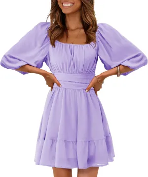 EXLURA Women's Lantern Sleeve Tie Back Summer Dress Ruffled Off Shoulder A-Line Vintage Mini Dress