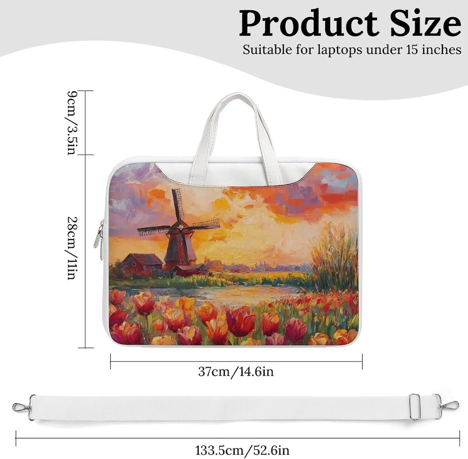 Field Of Tulips And Windmill Leather Bag Laptop Case Slim Water Resistant Computer Bags with Handle Briefcase for Work
