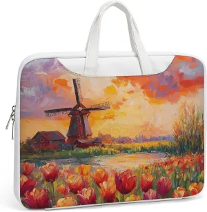 Field Of Tulips And Windmill Leather Bag Laptop Case Slim Water Resistant Computer Bags with Handle Briefcase for Work