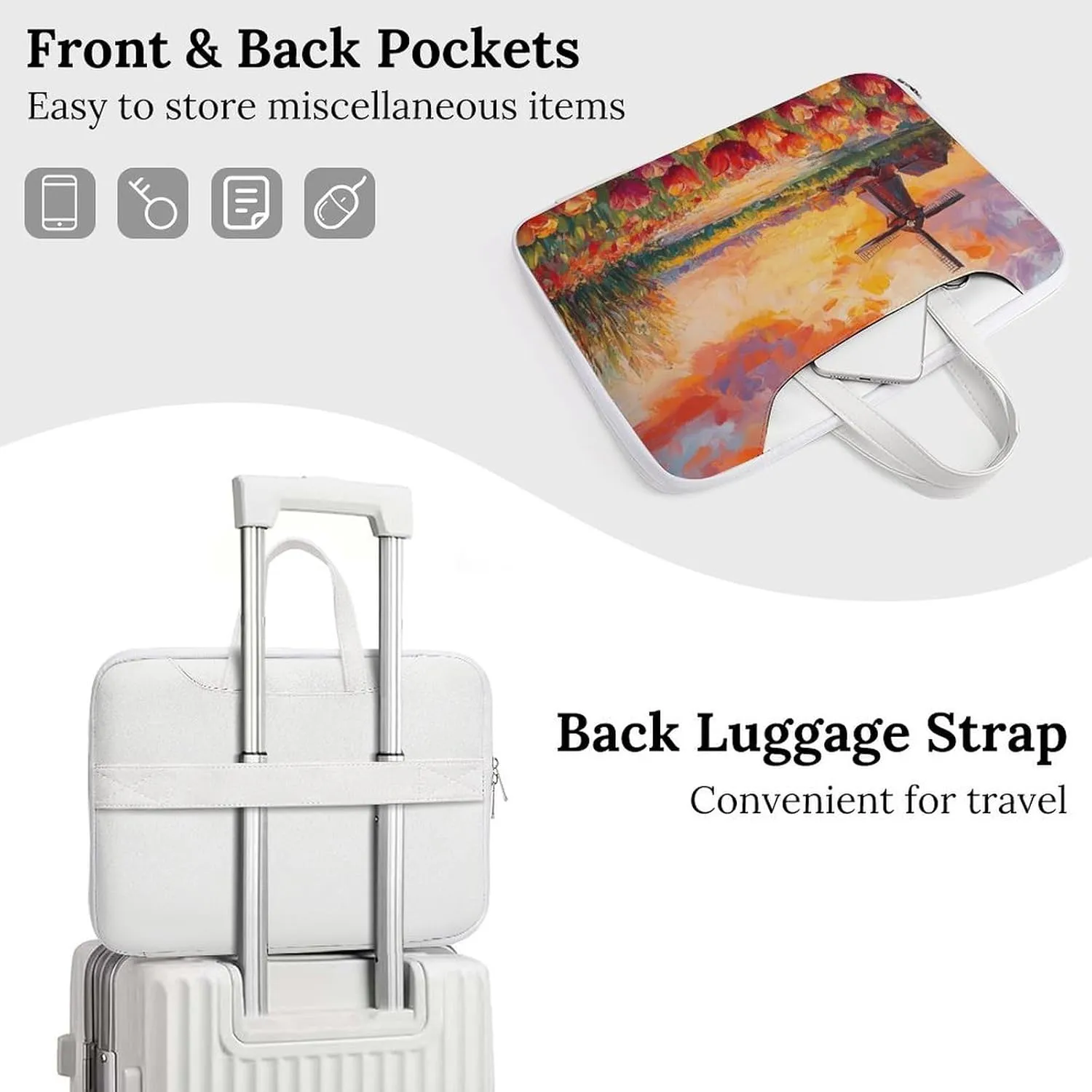 Field Of Tulips And Windmill Leather Bag Laptop Case Slim Water Resistant Computer Bags with Handle Briefcase for Work