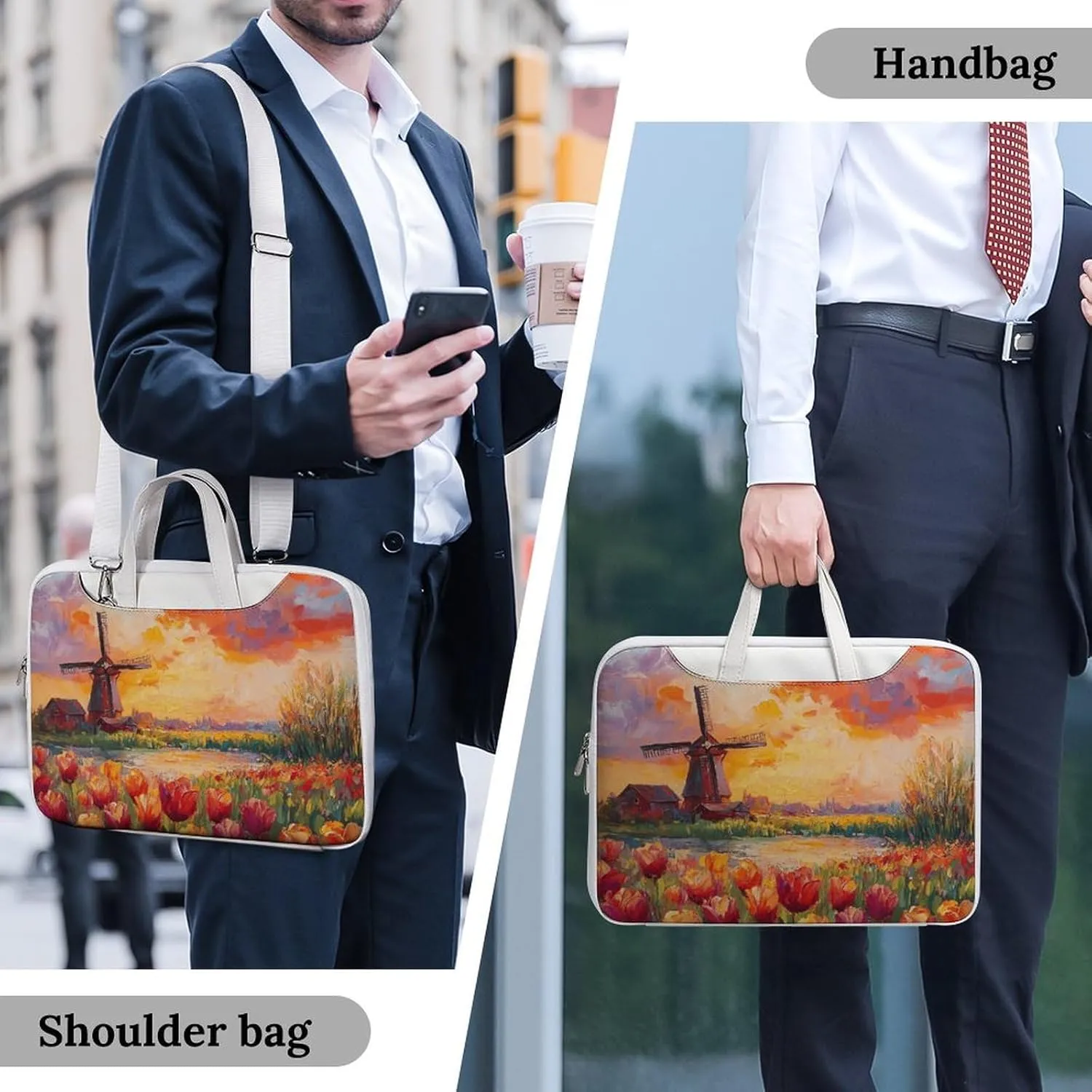 Field Of Tulips And Windmill Leather Bag Laptop Case Slim Water Resistant Computer Bags with Handle Briefcase for Work
