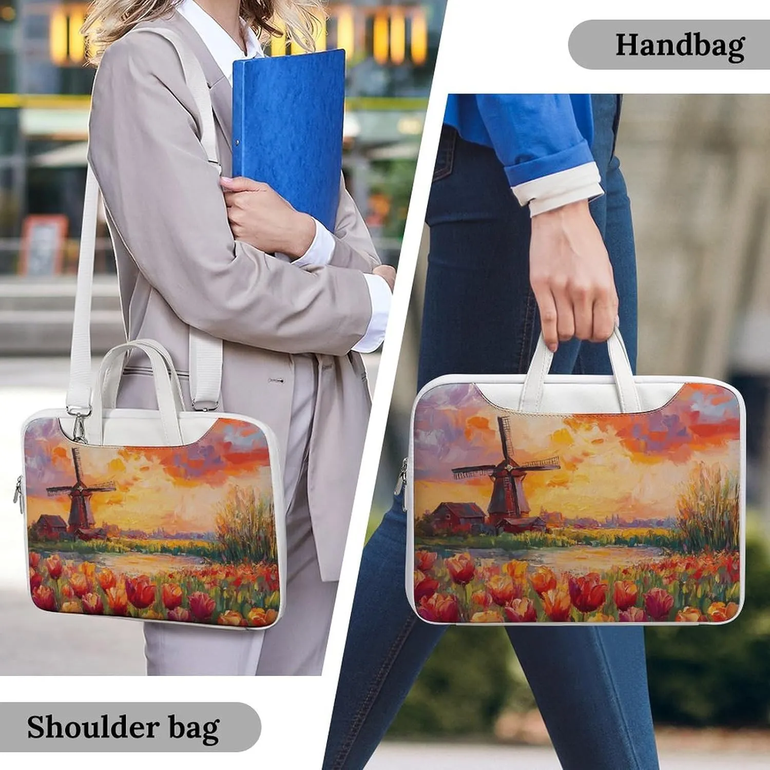 Field Of Tulips And Windmill Leather Bag Laptop Case Slim Water Resistant Computer Bags with Handle Briefcase for Work