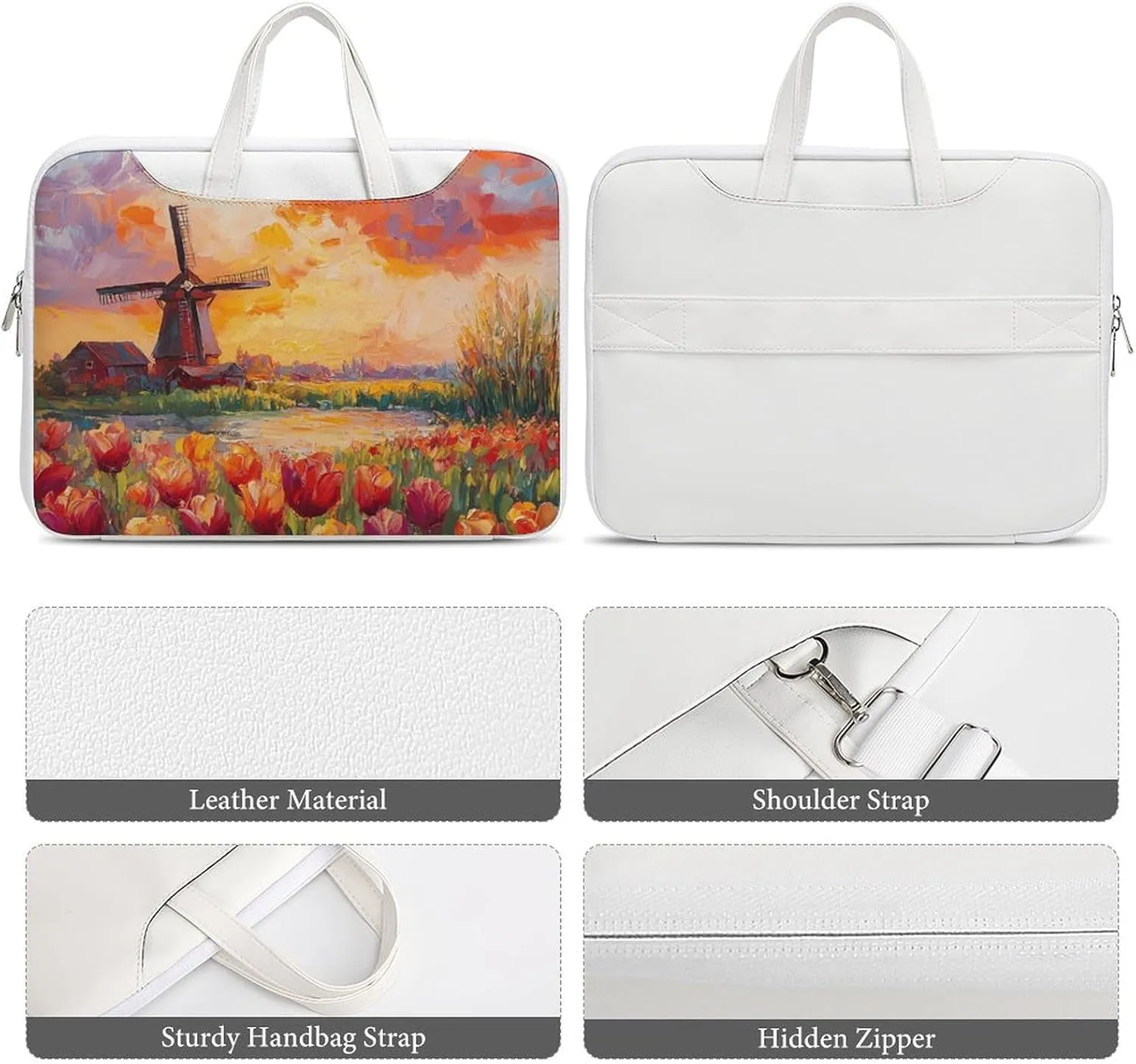 Field Of Tulips And Windmill Leather Bag Laptop Case Slim Water Resistant Computer Bags with Handle Briefcase for Work