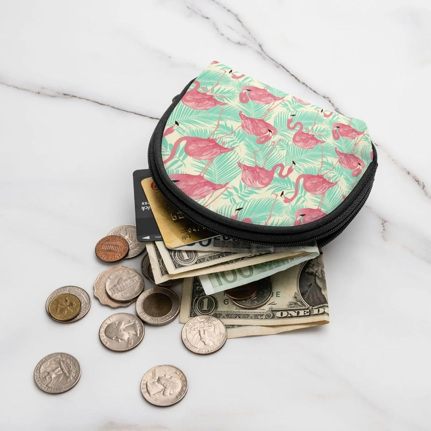 Flamingo Tropical Palm Coin Purse Mini Wallet Change Pouch Key Holder Zipper Small Cosmetic Makeup Storage Bags