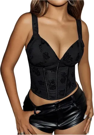 Floerns Women's Floral Deep V Neck Corset Lace Up Back Tank Top Slim Fit Crop Corset Bustier Tops