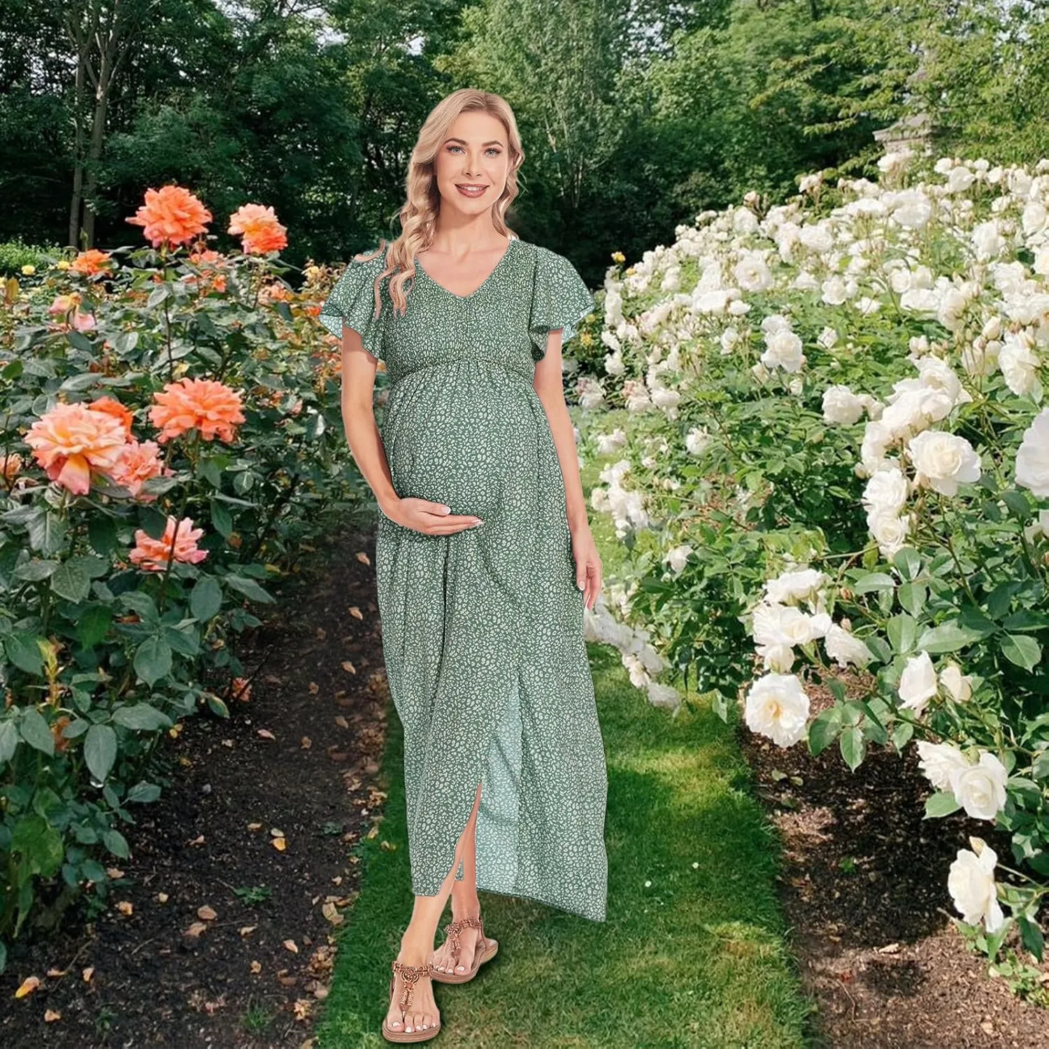 Floral Print V Neck Maternity Dress Boho Baby Shower Photoshoot Smocked Flutter Sleeve Split A Line Dress