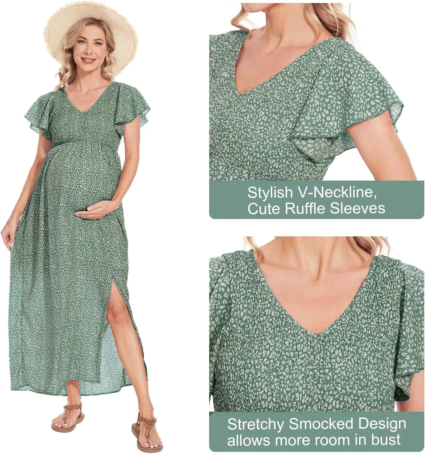 Floral Print V Neck Maternity Dress Boho Baby Shower Photoshoot Smocked Flutter Sleeve Split A Line Dress
