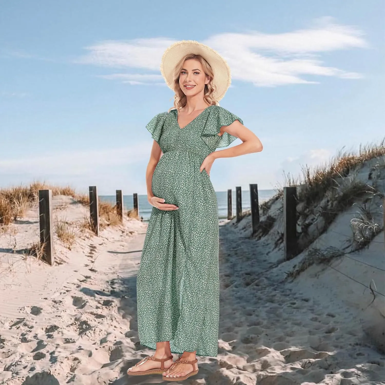 Floral Print V Neck Maternity Dress Boho Baby Shower Photoshoot Smocked Flutter Sleeve Split A Line Dress