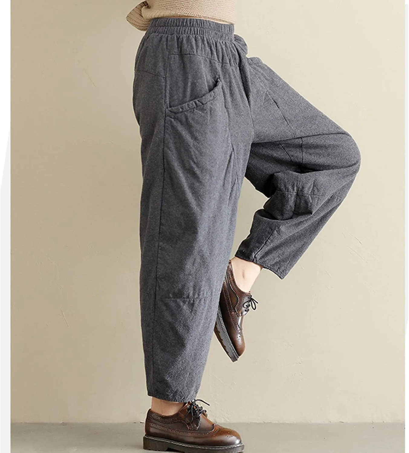 Flygo Womens Casual Thicken Linen High Waisted Loose Baggy Harem Pants with Big Pockets