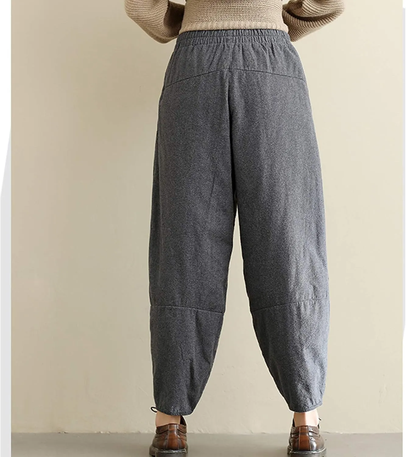 Flygo Womens Casual Thicken Linen High Waisted Loose Baggy Harem Pants with Big Pockets