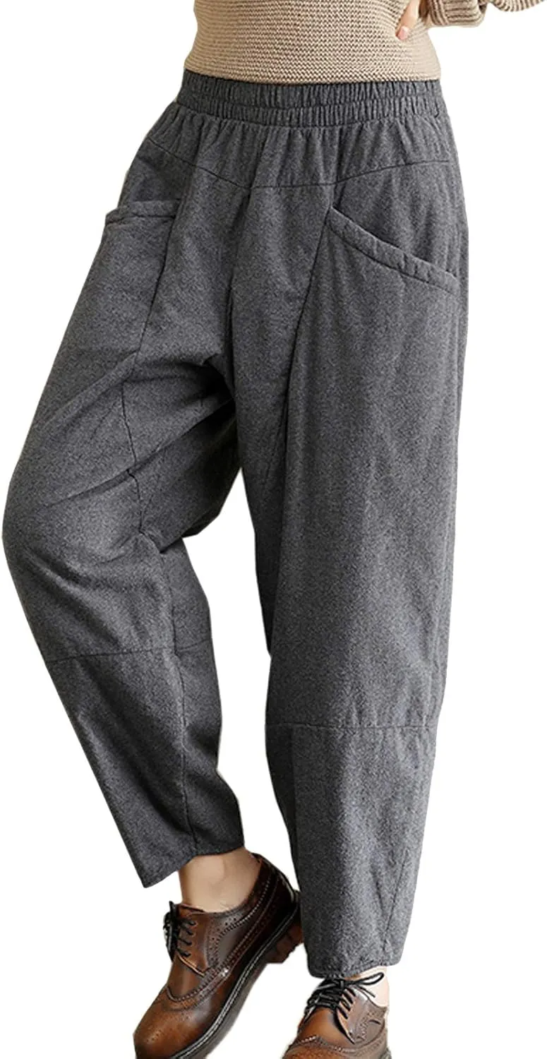 Flygo Womens Casual Thicken Linen High Waisted Loose Baggy Harem Pants with Big Pockets