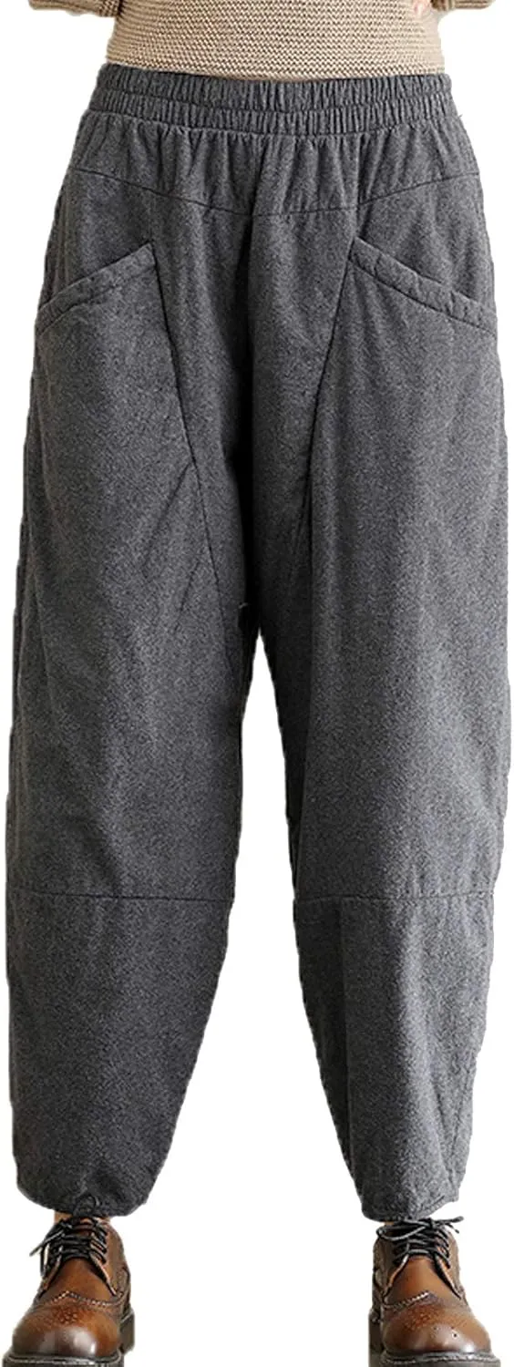 Flygo Womens Casual Thicken Linen High Waisted Loose Baggy Harem Pants with Big Pockets