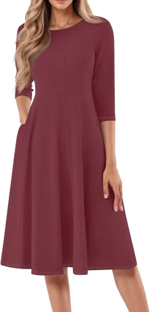 Formal Dresses for Women Casual Swing Midi Pleated A Line 3/4 Sleeve Summer