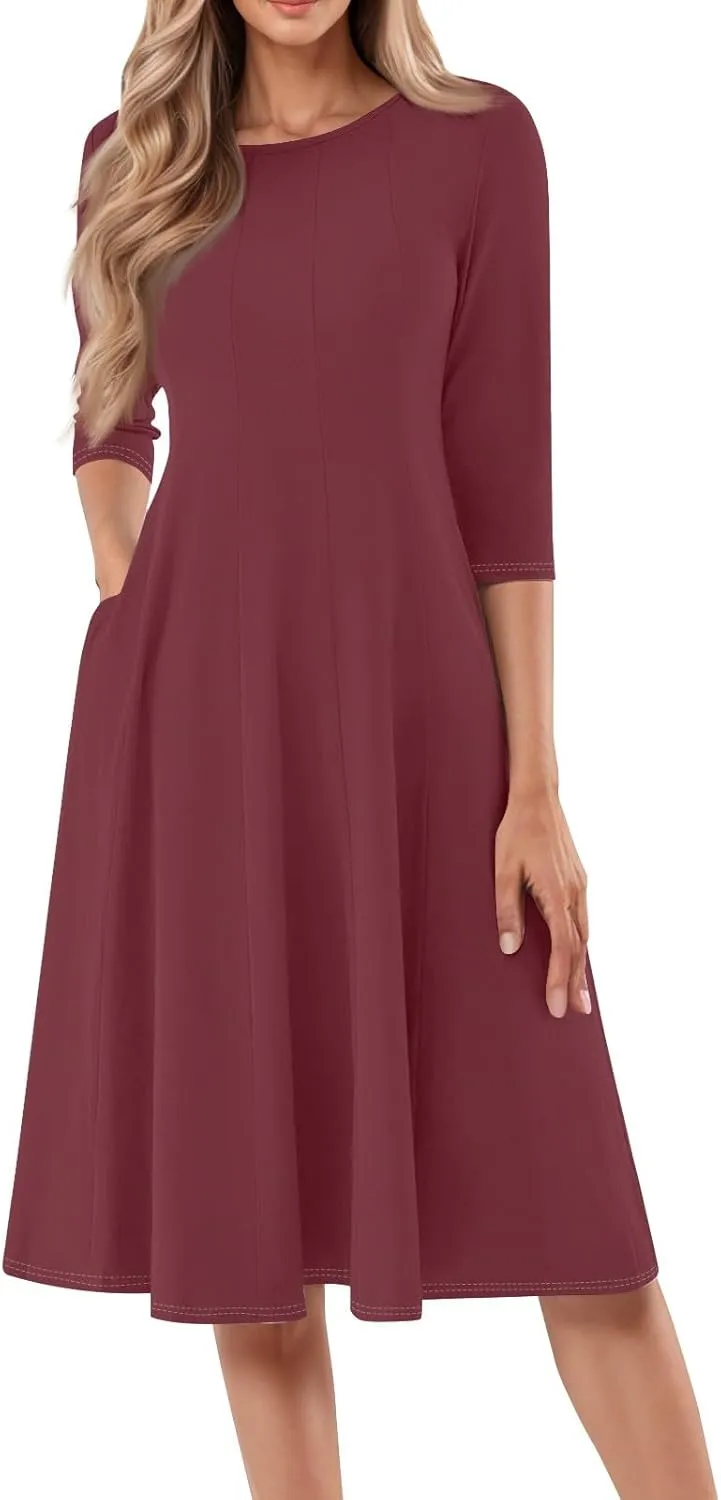 Formal Dresses for Women Casual Swing Midi Pleated A Line 3/4 Sleeve Summer