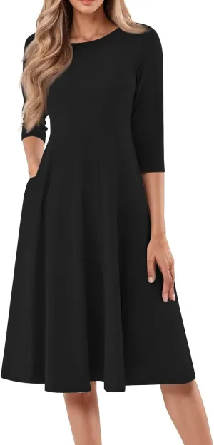 Formal Dresses for Women Casual Swing Midi Pleated A Line 3/4 Sleeve Summer