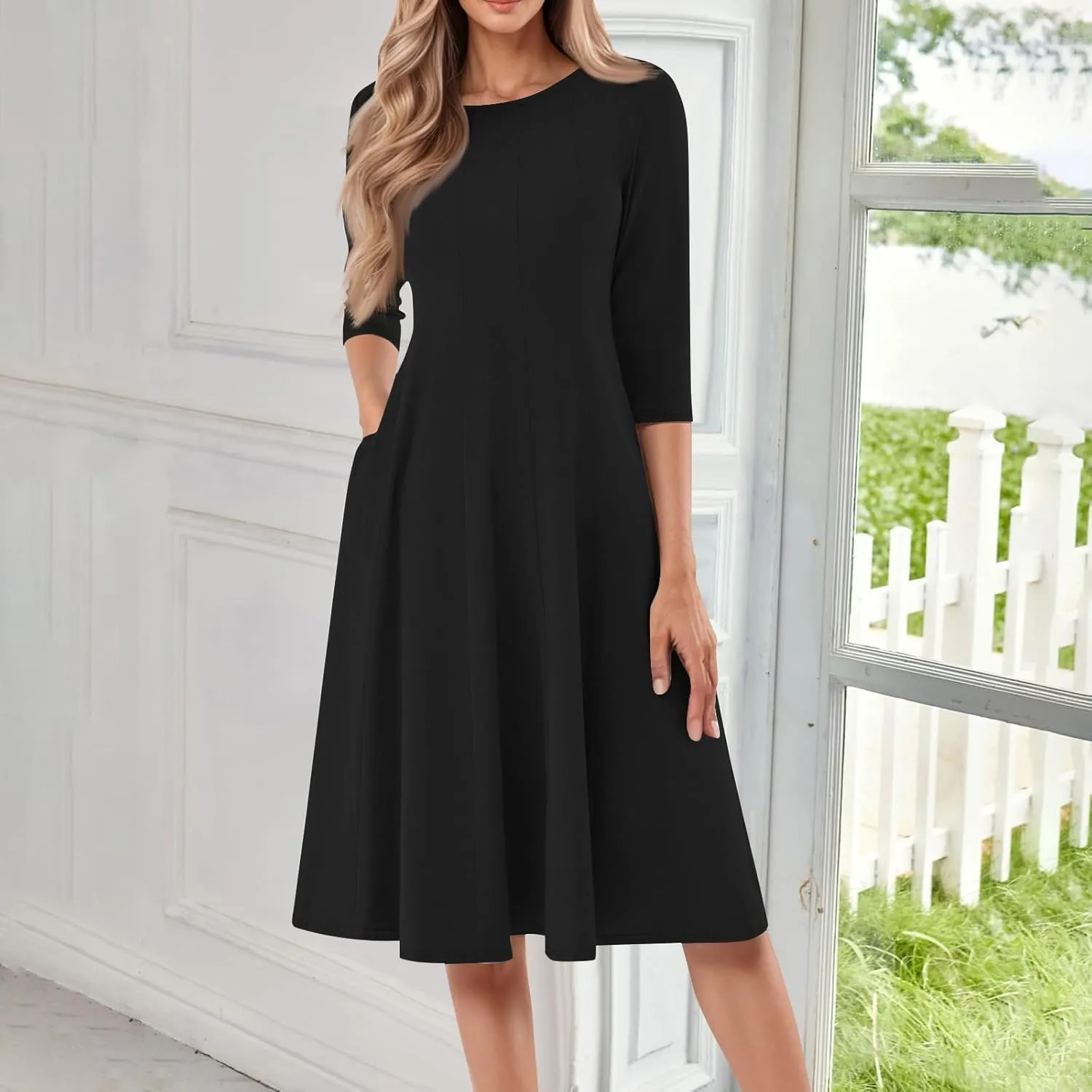 Formal Dresses for Women Casual Swing Midi Pleated A Line 3/4 Sleeve Summer