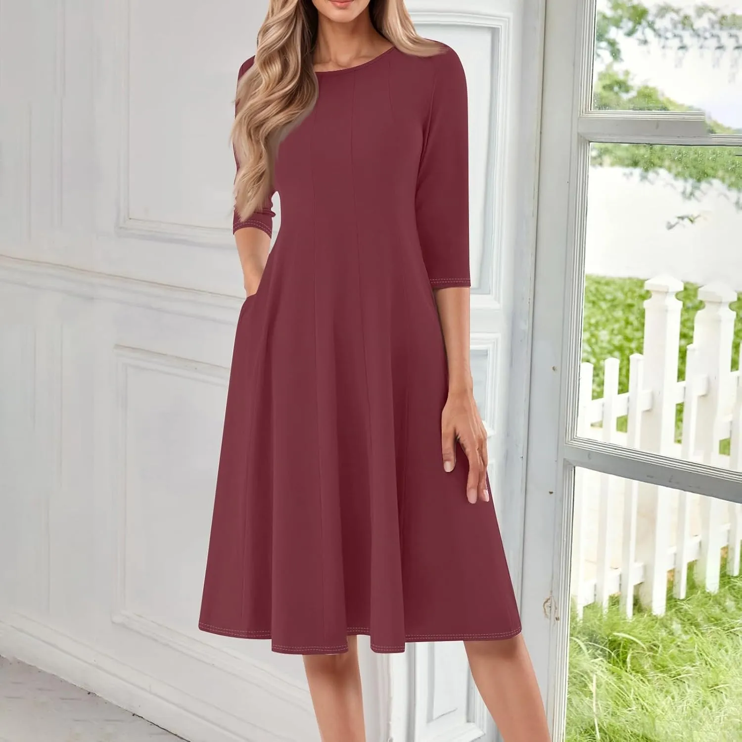 Formal Dresses for Women Casual Swing Midi Pleated A Line 3/4 Sleeve Summer