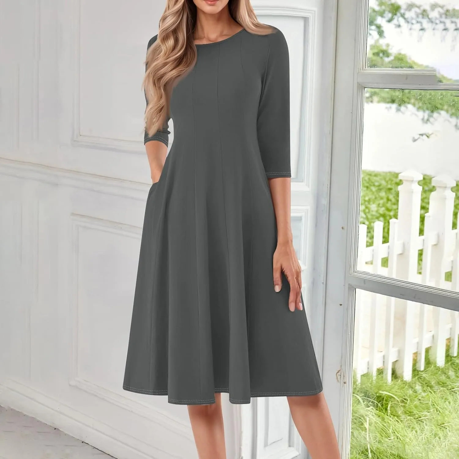 Formal Dresses for Women Casual Swing Midi Pleated A Line 3/4 Sleeve Summer