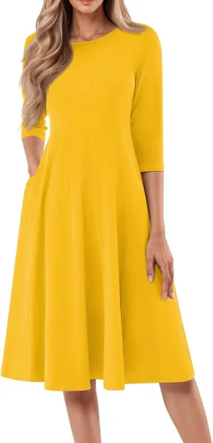 Formal Dresses for Women Red 3/4 Sleeve Casual Swing Solid Flowy Vintage Summer Spring Midi Tshirt