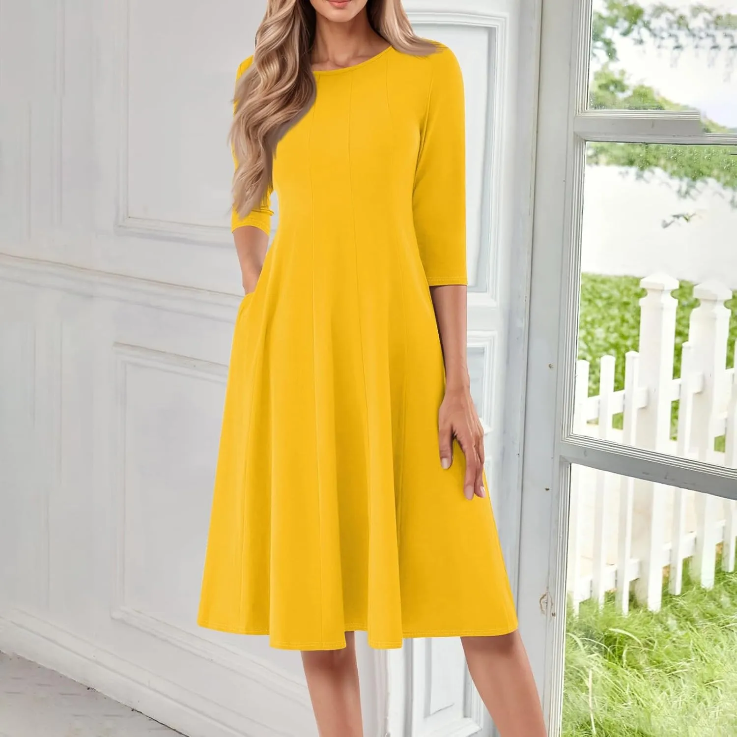 Formal Dresses for Women Red 3/4 Sleeve Casual Swing Solid Flowy Vintage Summer Spring Midi Tshirt