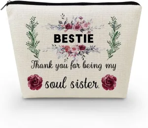 Friendship Makeup Bag for Women Cute Small Cosmetic Bag for Purse Travel Toiletry Zipper Pouch Gifts for Best Friends Sisters Besties Floral Soul Sisters Makeup Bag