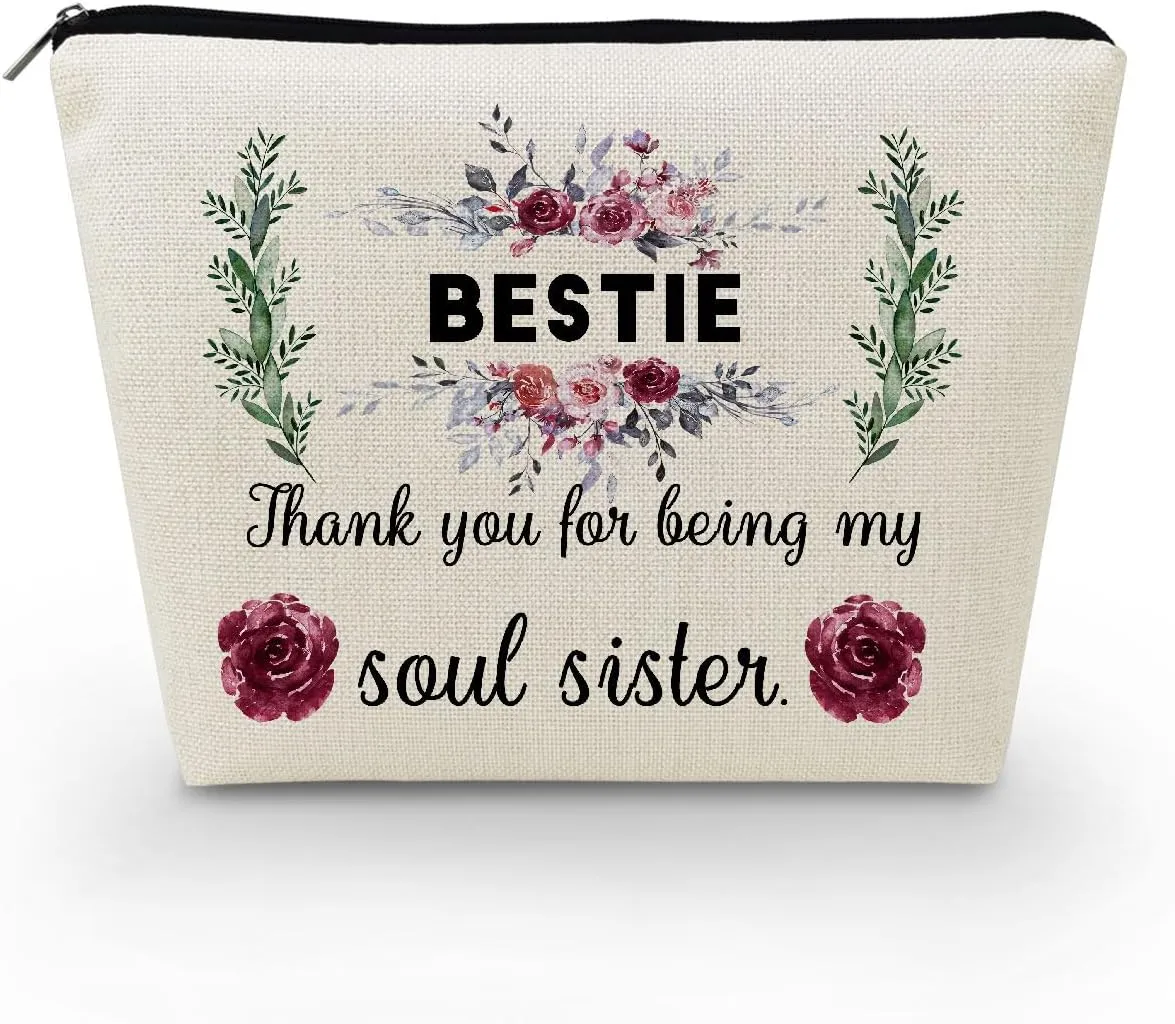 Friendship Makeup Bag for Women Cute Small Cosmetic Bag for Purse Travel Toiletry Zipper Pouch Gifts for Best Friends Sisters Besties Floral Soul Sisters Makeup Bag