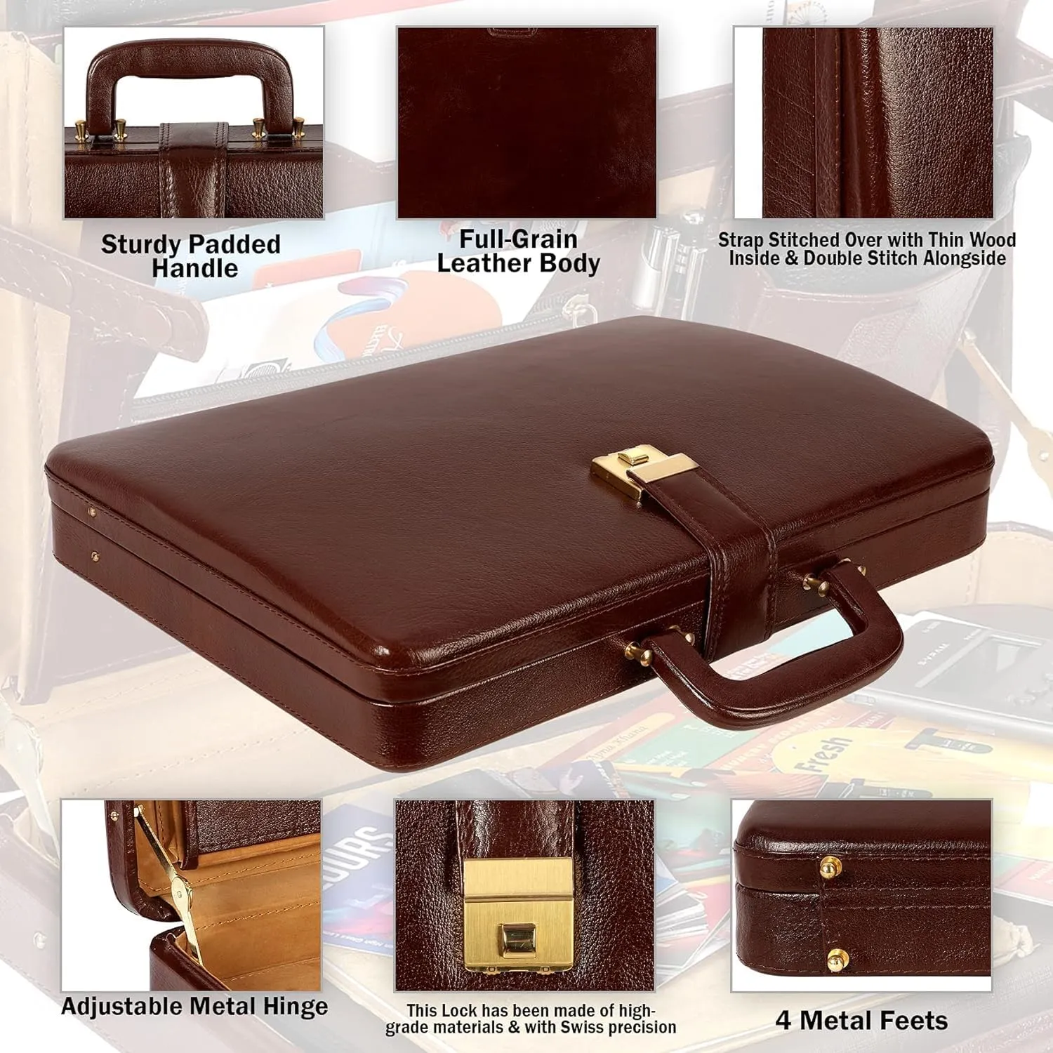 Full Grain Leather Briefcase Attache Case For Unisex Size L17xW3xH12 Inches Briefcase Bag (Italian Leather Brown)
