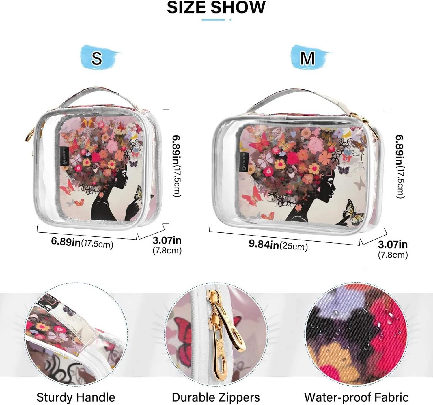 GAIGEO Girls with Flower 2 Pack Clear Cosmetic Bag Set, Pvc Clear Cosmetic Bag, Clear Bag for Travel