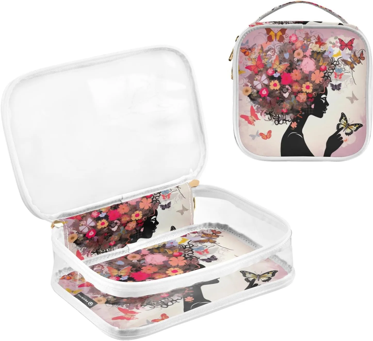 GAIGEO Girls with Flower 2 Pack Clear Cosmetic Bag Set, Pvc Clear Cosmetic Bag, Clear Bag for Travel
