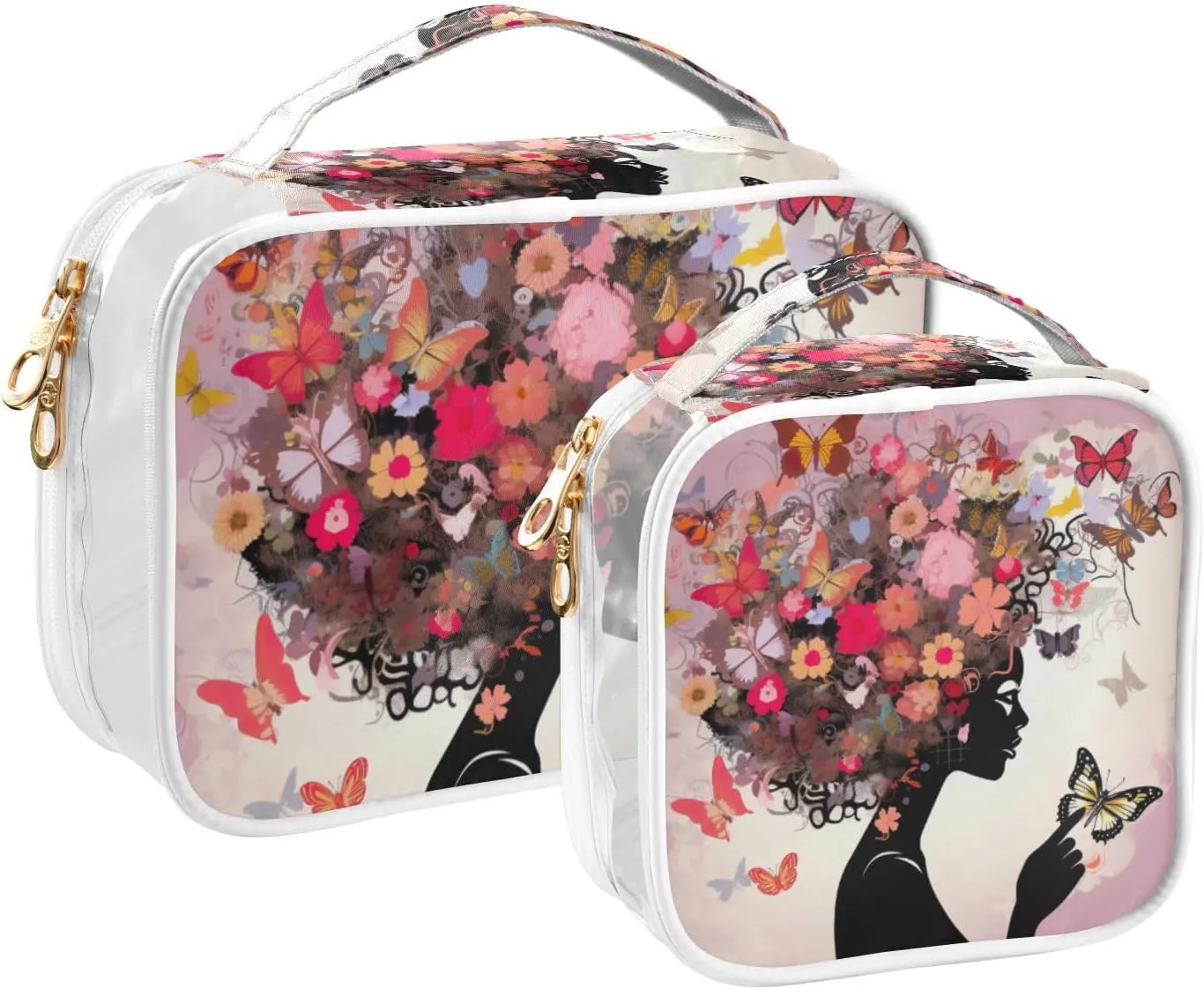 GAIGEO Girls with Flower 2 Pack Clear Cosmetic Bag Set, Pvc Clear Cosmetic Bag, Clear Bag for Travel