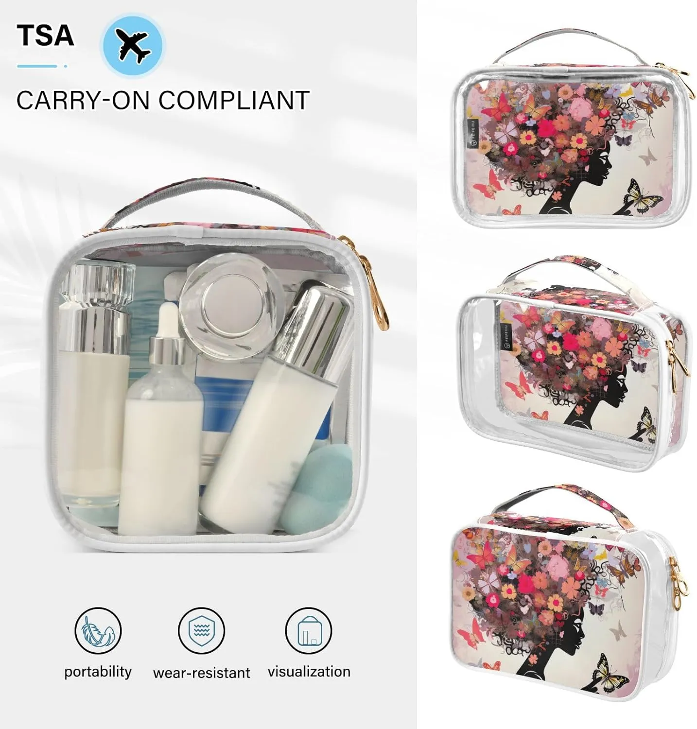 GAIGEO Girls with Flower 2 Pack Clear Cosmetic Bag Set, Pvc Clear Cosmetic Bag, Clear Bag for Travel