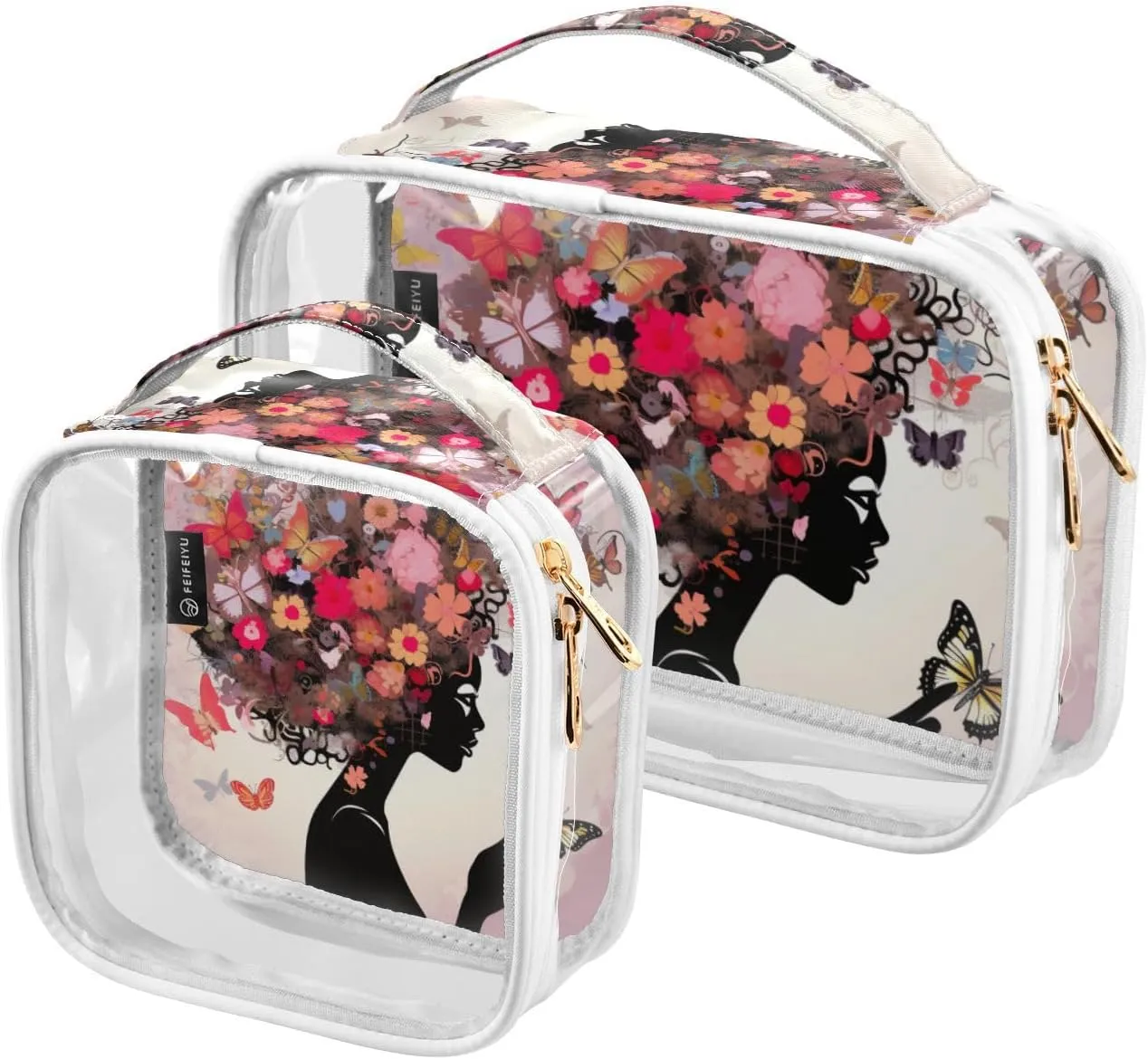 GAIGEO Girls with Flower 2 Pack Clear Cosmetic Bag Set, Pvc Clear Cosmetic Bag, Clear Bag for Travel