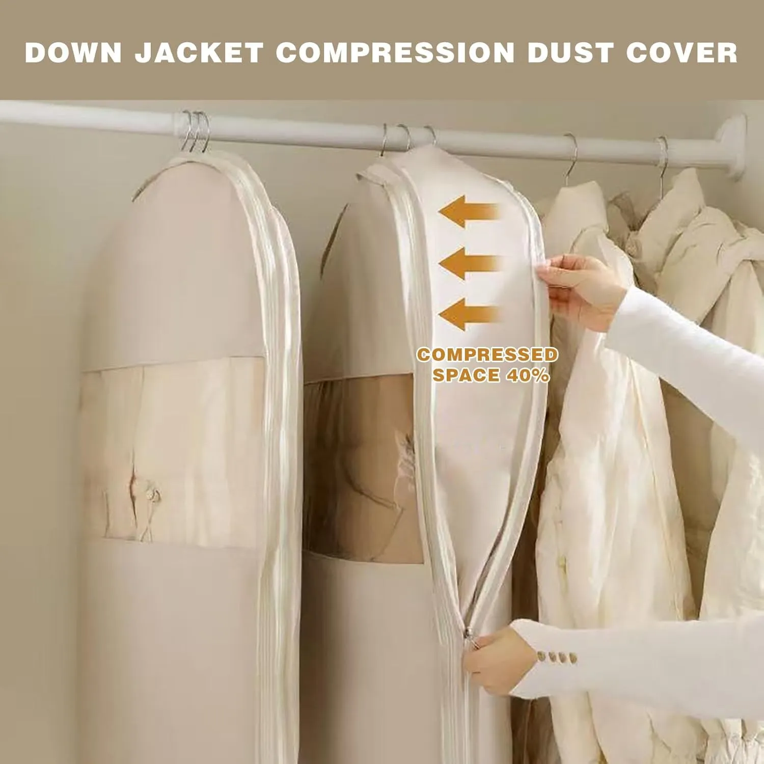 Garment Bag for Travel Hanging Clothes, Suit Bag with Self Compression Zipper, Space Saver Closet Storage Organizer for Dress, Coat, Shirts, Down Jacket (Beige, 36'')