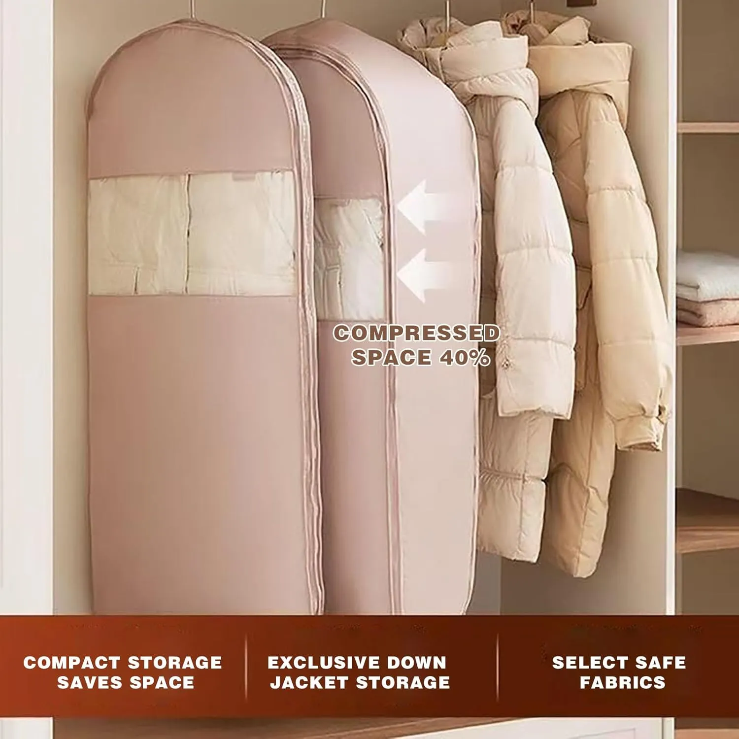 Garment Bag for Travel Hanging Clothes, Suit Bag with Self Compression Zipper, Space Saver Closet Storage Organizer for Dress, Coat, Shirts, Down Jacket (Beige, 36'')