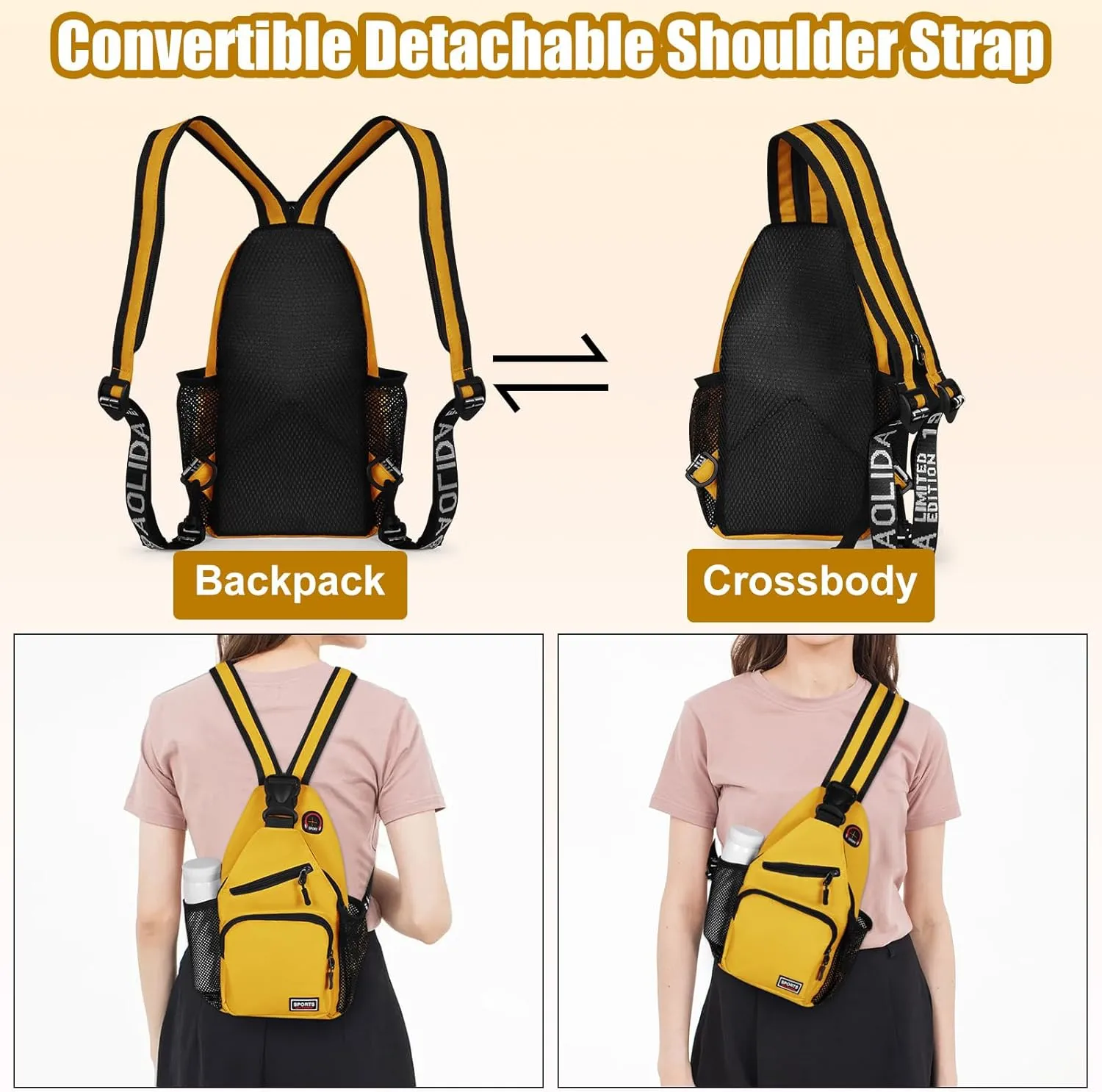 Geestock Crossbody Sling Bag Backpack for Men & Women, Convertible Shoulder Bag Waterproof Chest Bag For Daypack Travel Hiking (Yellow)