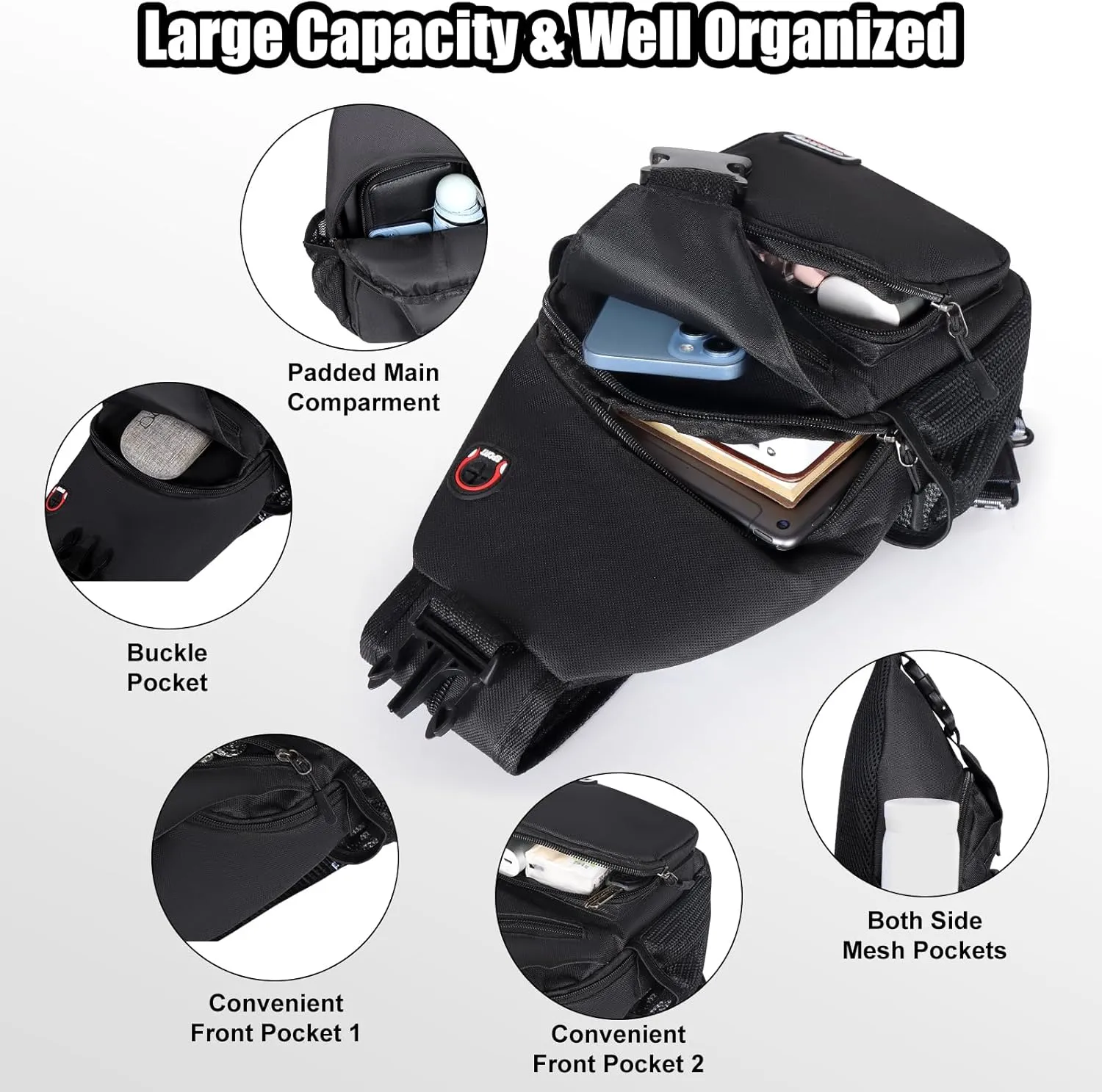 Geestock Crossbody Sling Bag for Men & Women, 2-1 Small Backpack Convertible Sling Backpack Waterproof Shoulder Chest Bag for Daypack Travel Hiking (Black)