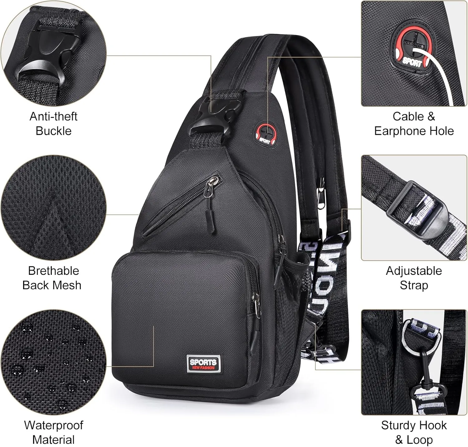 Geestock Crossbody Sling Bag for Men & Women, 2-1 Small Backpack Convertible Sling Backpack Waterproof Shoulder Chest Bag for Daypack Travel Hiking (Black)