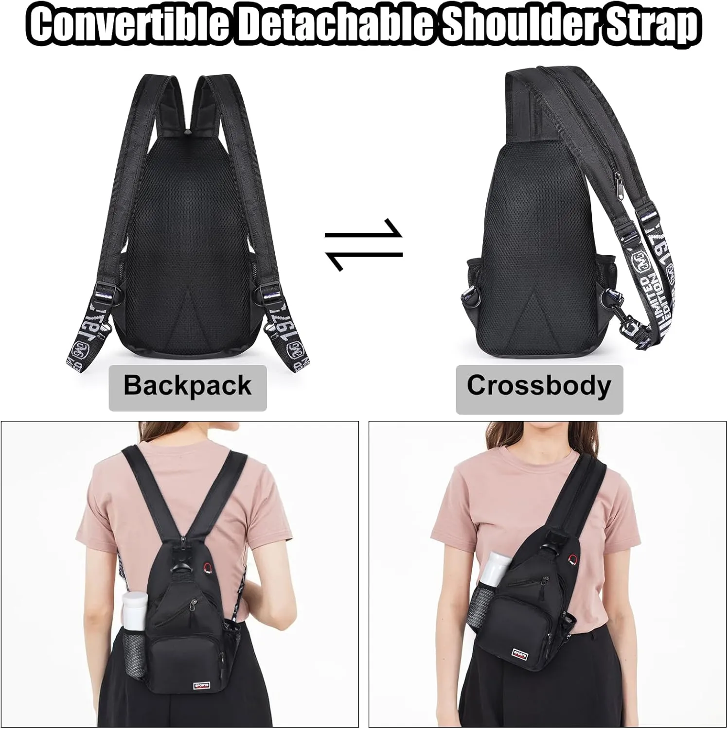 Geestock Crossbody Sling Bag for Men & Women, 2-1 Small Backpack Convertible Sling Backpack Waterproof Shoulder Chest Bag for Daypack Travel Hiking (Black)