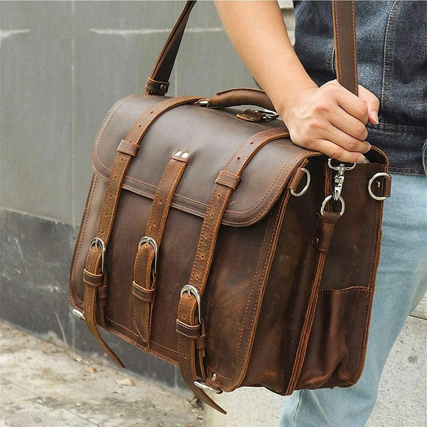 Genuine Leather Men's Briefcases 15.6" Laptop Bag Office Bags for Men Document Business Shoulder Messenger Bag (Color : Brown, Size : 44**20**33cm)