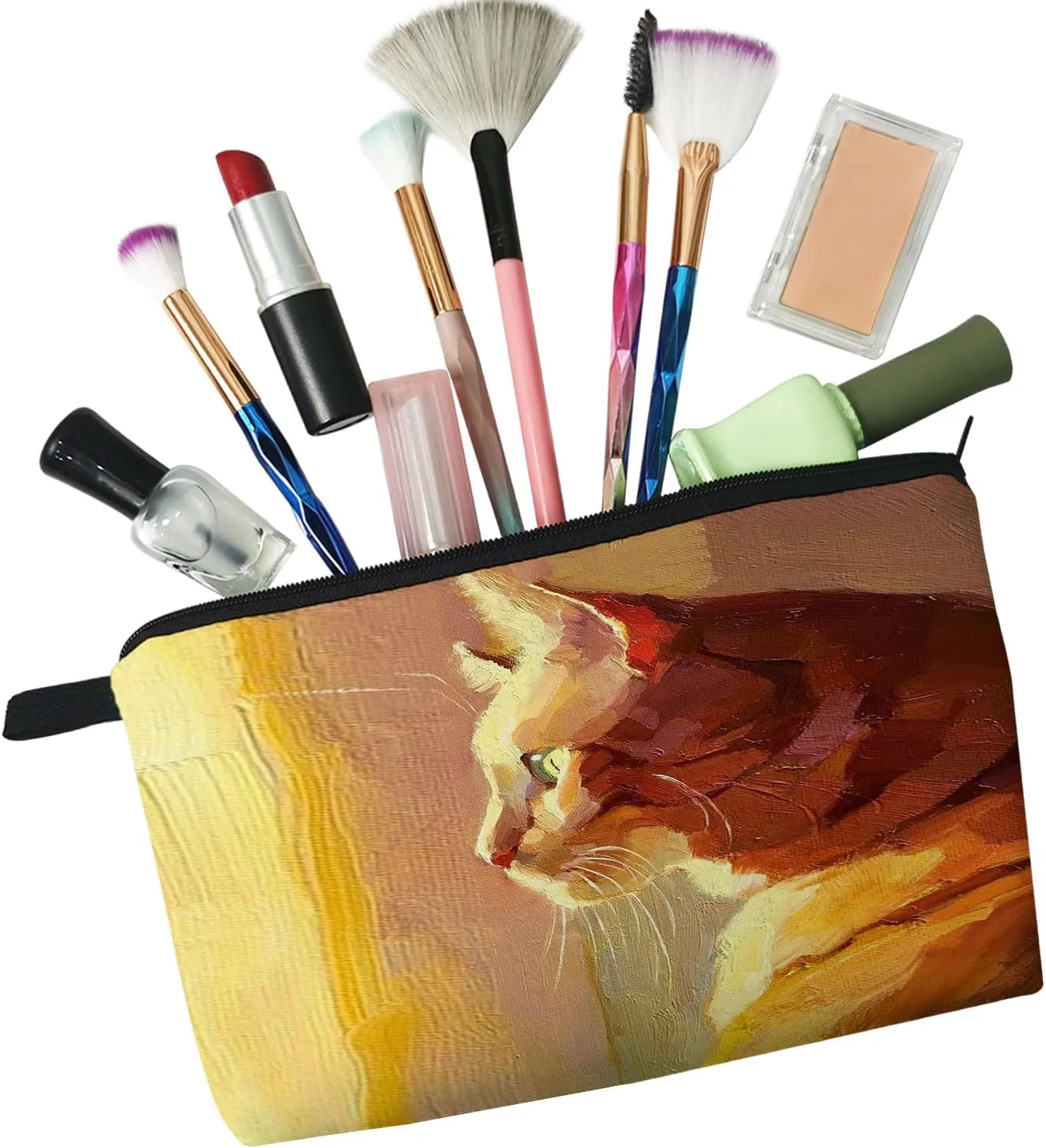 Ginger Cat Makeup Bag Oil Painting Style Organizer Zipper Pouch Lovely Kitten Kitty Cosmetic Bag Birthday Present for Cat Lovers Cat Mom Women