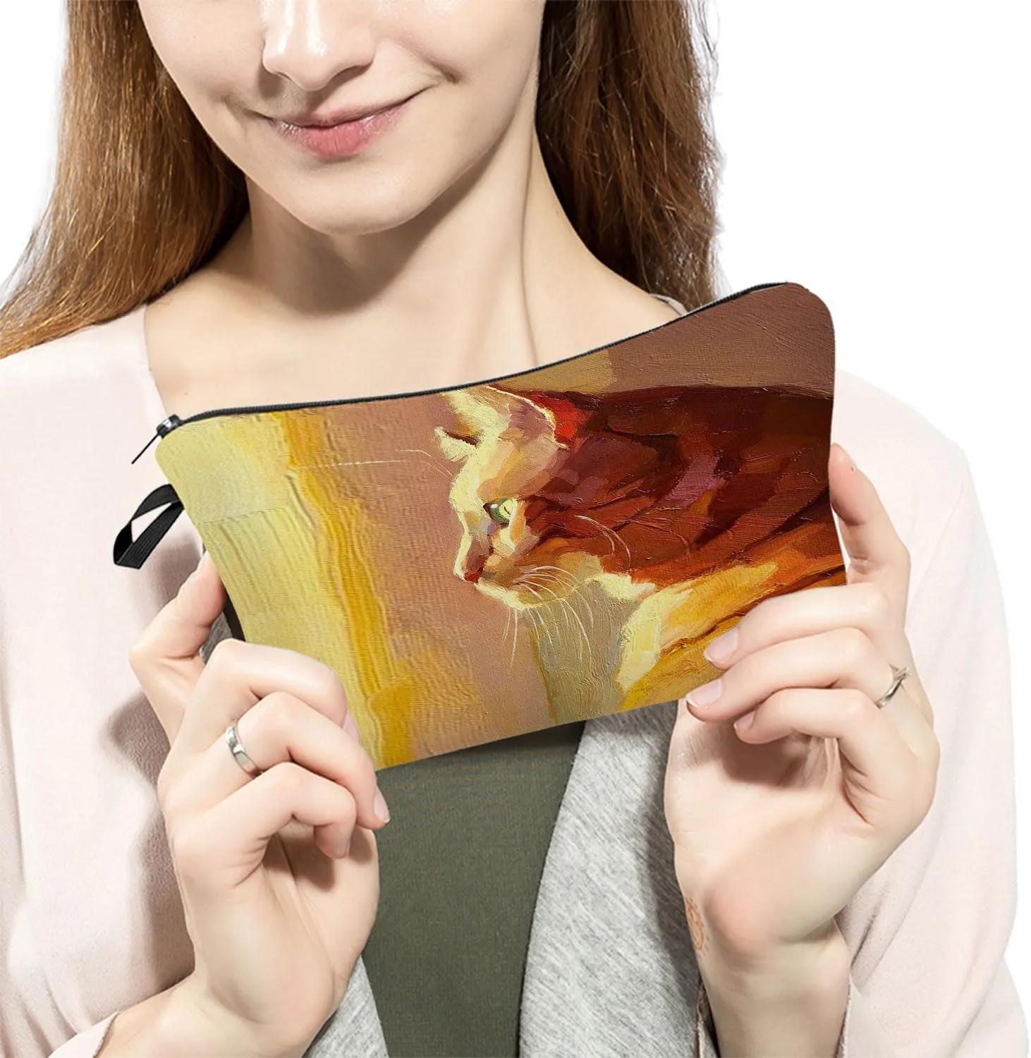 Ginger Cat Makeup Bag Oil Painting Style Organizer Zipper Pouch Lovely Kitten Kitty Cosmetic Bag Birthday Present for Cat Lovers Cat Mom Women
