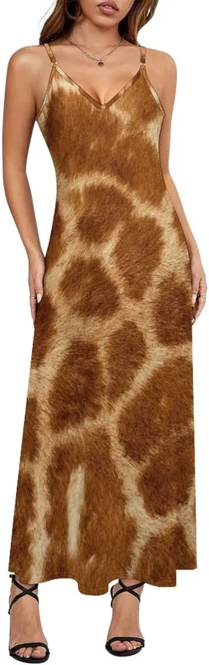 Giraffe Skin Parttern Suspender Dresses Women Sexy Ankle Length Beach Dress Sleeveless Casual Vacation Pettico