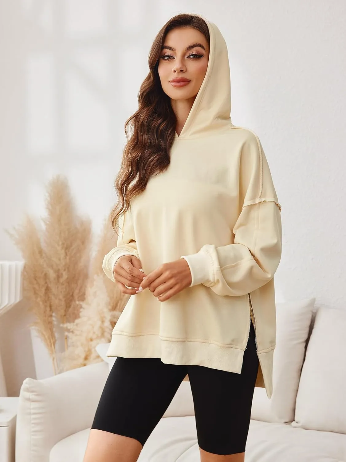 Glamaker Women's Oversized Hoodies Side Slit Zip Up Pullover Sweatshirt Casual Long Sleeve High Low Fall Clothes Top Shirts
