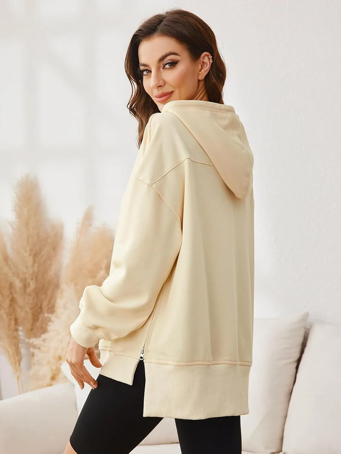 Glamaker Women's Oversized Hoodies Side Slit Zip Up Pullover Sweatshirt Casual Long Sleeve High Low Fall Clothes Top Shirts