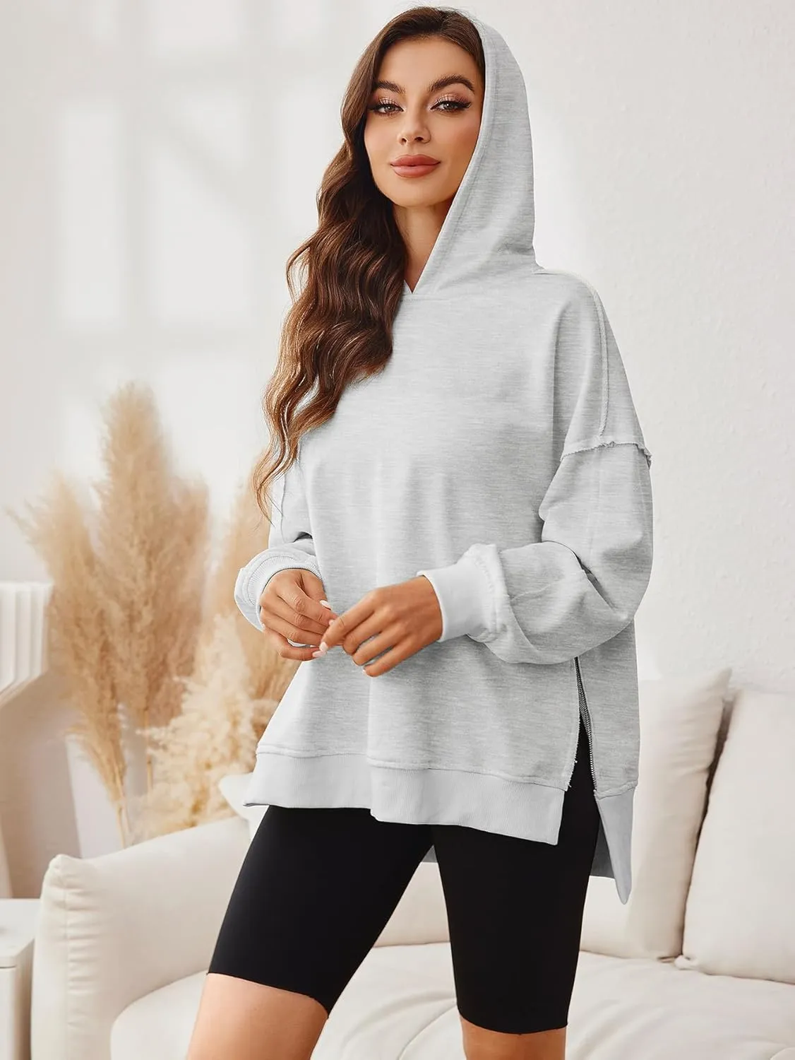 Glamaker Women's Oversized Hoodies Side Slit Zip Up Pullover Sweatshirt Casual Long Sleeve High Low Fall Clothes Top Shirts