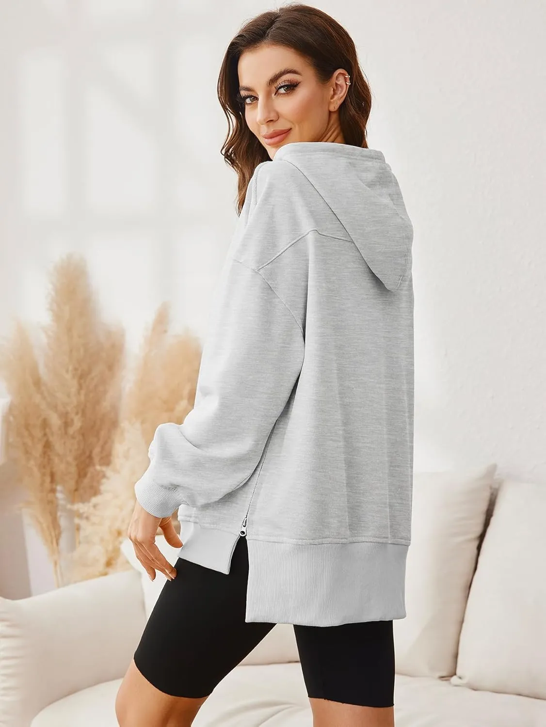 Glamaker Women's Oversized Hoodies Side Slit Zip Up Pullover Sweatshirt Casual Long Sleeve High Low Fall Clothes Top Shirts