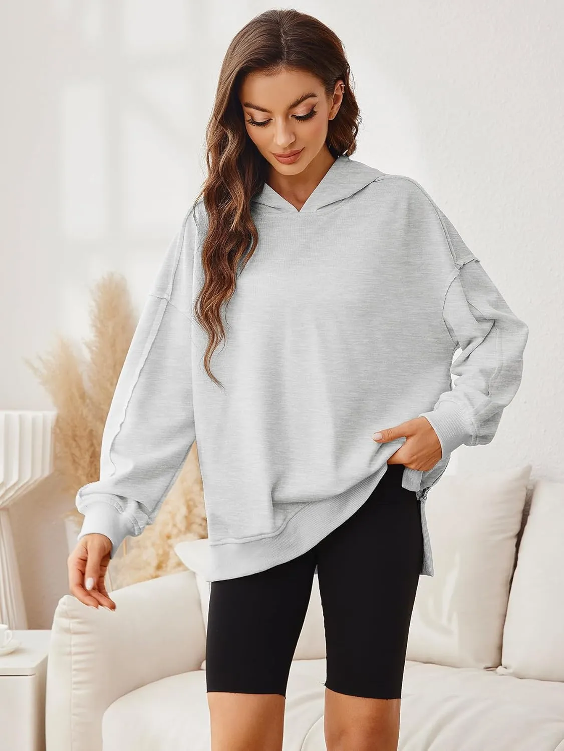 Glamaker Women's Oversized Hoodies Side Slit Zip Up Pullover Sweatshirt Casual Long Sleeve High Low Fall Clothes Top Shirts
