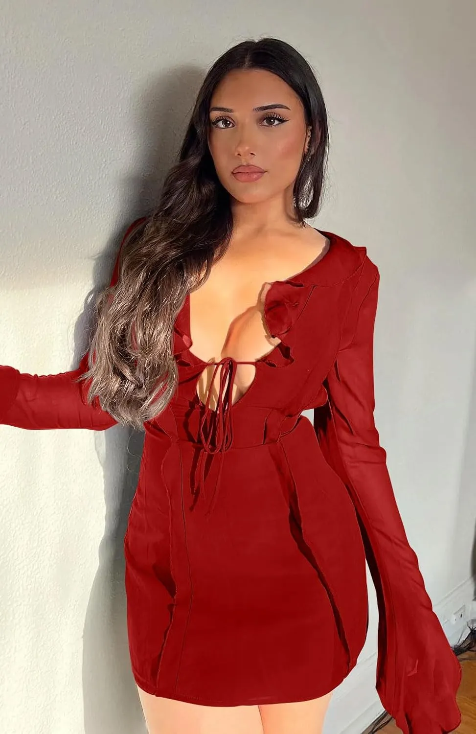 GOBLES Women's Sexy Long Flare Sleeve Chiffon Ruffle Deep Tie V Neck Bodycon Mini Party Dress